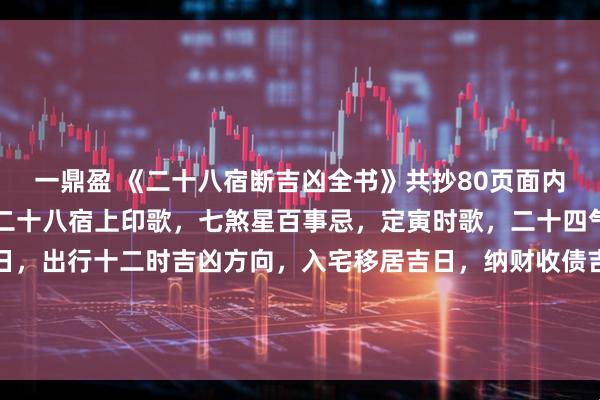 一鼎盈 《二十八宿断吉凶全书》共抄80页面内有讲：二十八宿吉凶，二十八宿上印歌，七煞星百事忌，定寅时歌，二十四气年候礼念歌，出行忌日，出行十二时吉凶方向，入宅移居吉日，纳财收债吉日，剃头吉日，盖屋吉日，祈祀灶神吉日，修作厨房吉日，造酒吉日，百事忌日，嫁娶周堂图等…．